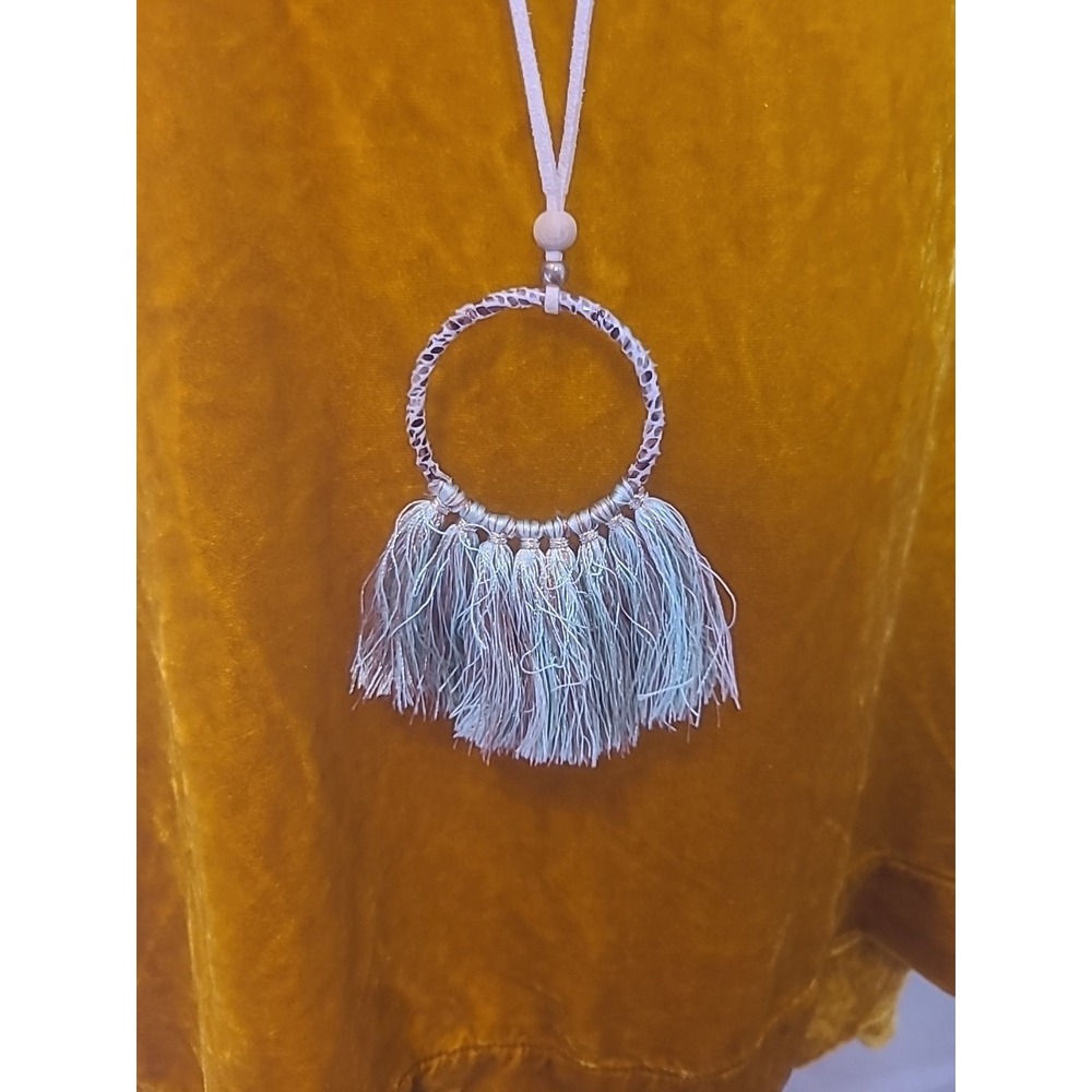 Cream Soft Leather‎ Adjustable Necklace w/ Wooden Bead Textured Cir W Tassels